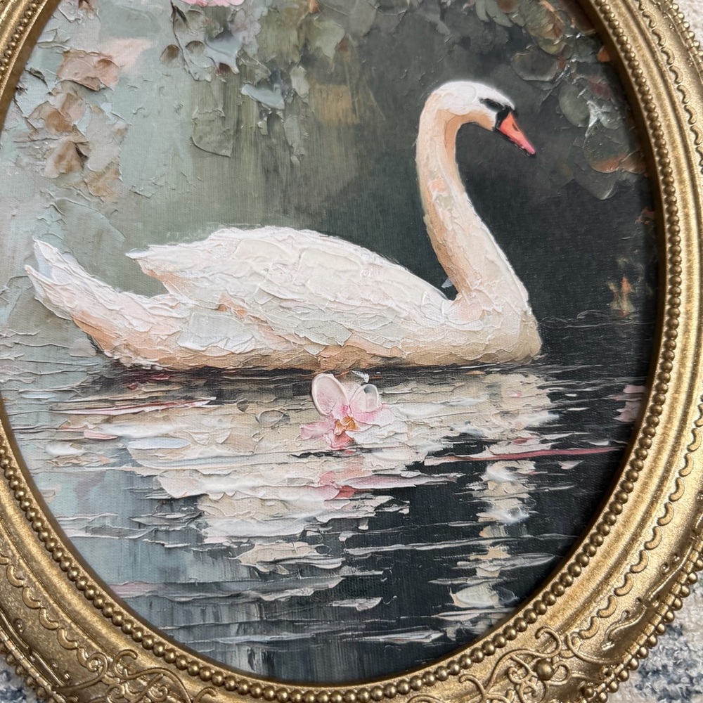 11x14 “lake Swan” Framed Oval glold glittery frame White Swan with Pink Flowers - Picture 8 of 12